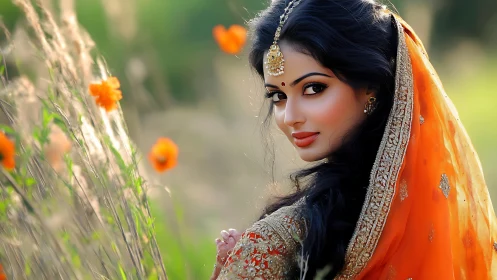 Woman in orange saree looking back in soft outdoor light.
