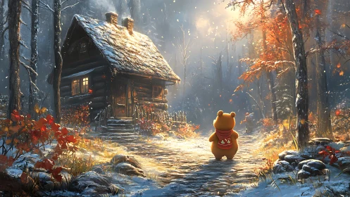 Bear in red scarf approaches sunlit cabin in snowy forest