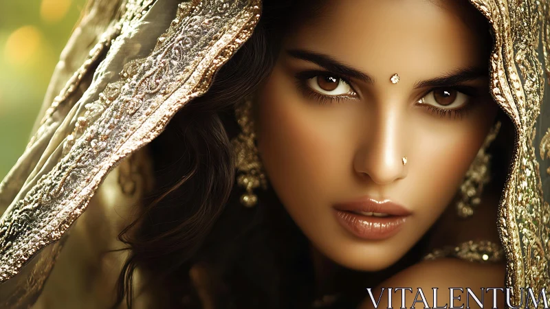 Bridal portrait highlights jeweled veil and intense gaze.