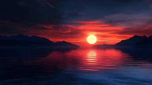 Crimson sun descends over reflective twilight ocean horizon.