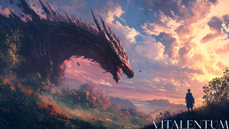 Dragon and lone hero meet beneath a blazing fantasy sky.