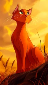 Fiery orange cat gazing upward in glowing sunset field.