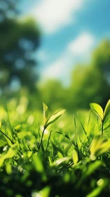 Emerging green sprout in luminous sunlit meadow closeup.