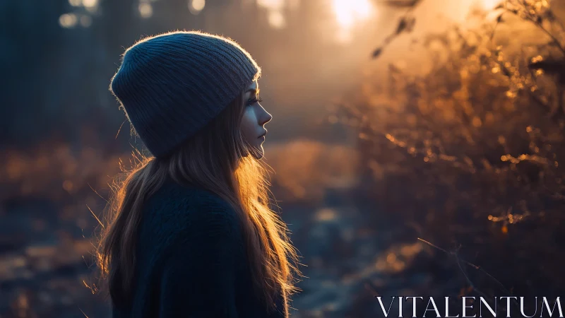 Young woman pauses in golden forest light at quiet dusk
