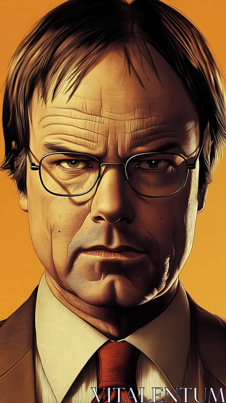 Grim office strategist under molten amber studio light glare.