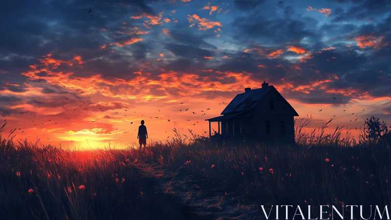Solitary figure approaches abandoned farmhouse at dusk