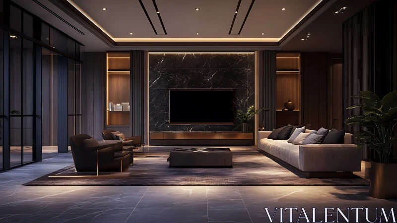 Midnight lounge geometry frames a quietly glowing cinema