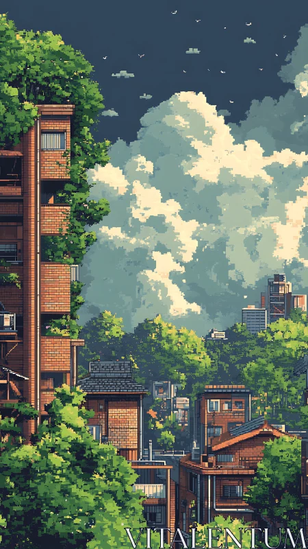 Pixel-rendered urban hillside where dense foliage reclaims brick towers