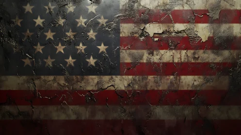 Weathered American flag with corroded distressed surface.