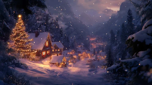 Snow-covered alpine village glows with dense warm festive lighting