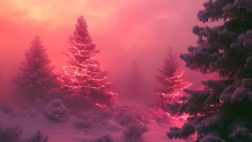Glowing winter pines share soft pink magic in snowy mist