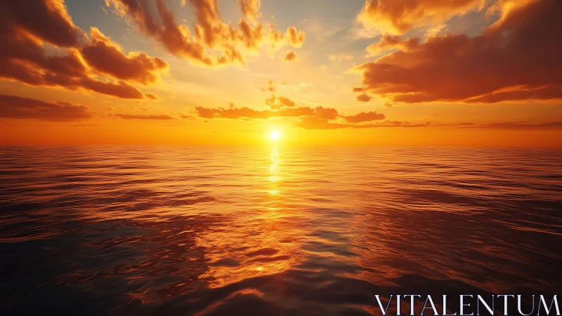 Sun sets over calm ocean horizon under dense orange clouds