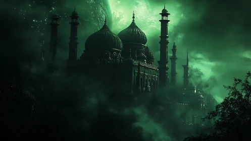 Emerald cosmic citadel with domed towers in spectral mist.