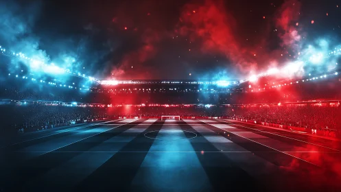 Floodlit football arena glows in dramatic red and blue haze.