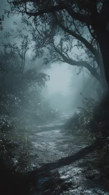 Atmospheric Forest Pathway Through Mist With Gnarled Tree Canopy Architecture