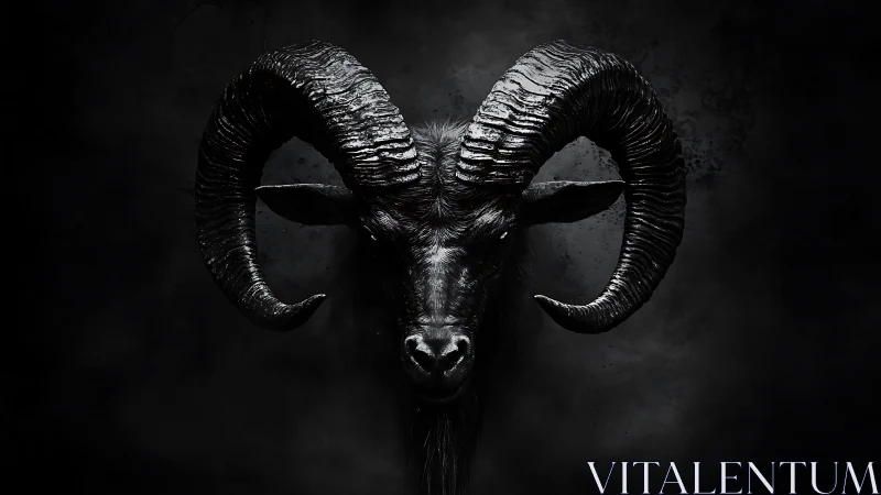 Dark ram head with curved horns on black smoky background.