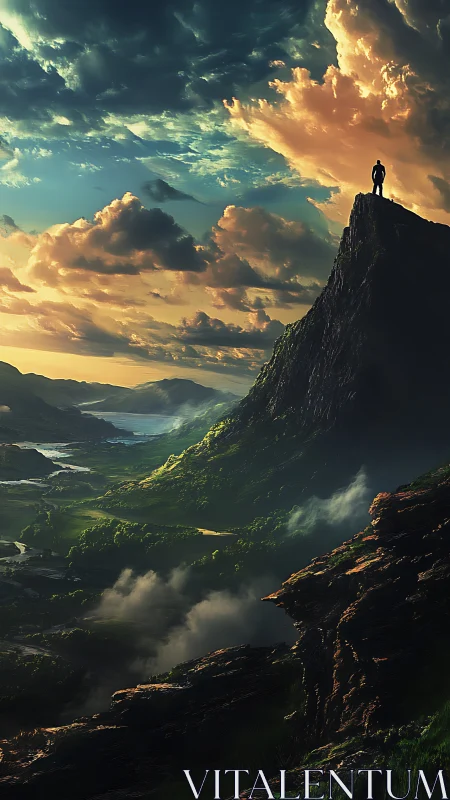 Lone summit dreamer greeting a storm-painted horizon.