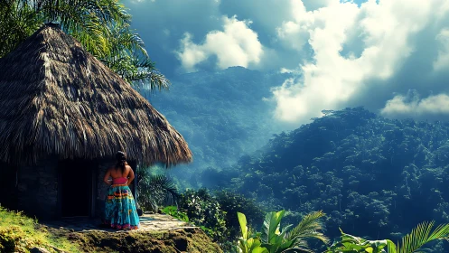 Woman in bright dress overlooking misty jungle mountainscape.