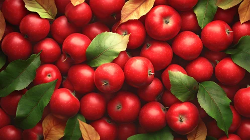 Photorealistic cluster of red apples with foliage accents.