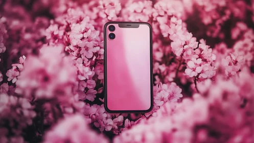Smartphone with gradient display nestled amidst pink floral blossoms.