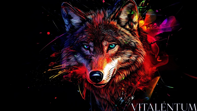 Chromatic wolf portrait with neon splatter on black ground