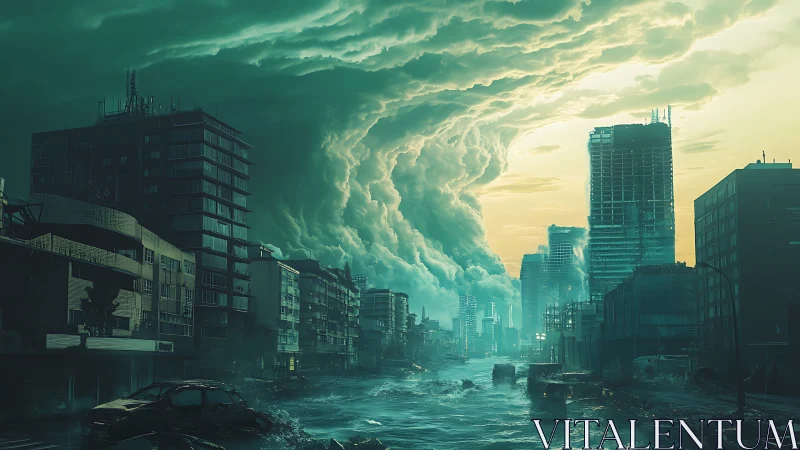 Storm front advances over flooded urban street in ruins