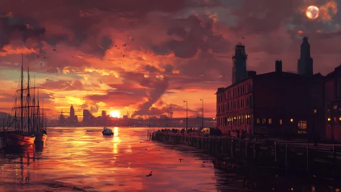 Harbor evening glow where city lights meet painted clouds.