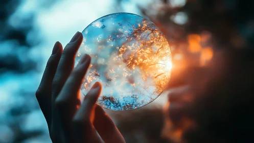 Hand holds reflective glass sphere capturing bokeh sunset glow
