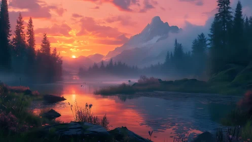 Ember-drenched mountain lake dreaming beneath violet dawn.