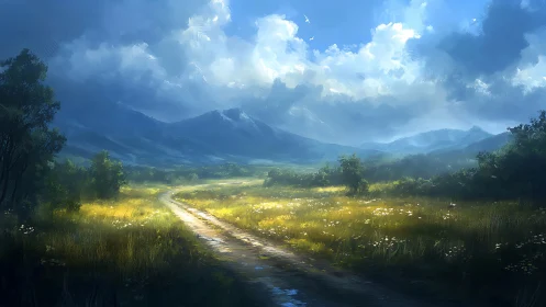 Sunlit country path winds toward distant blue mountains softly