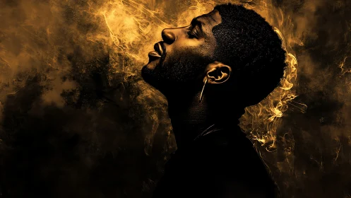 Side profile portrait in golden smoke on dark backdrop.