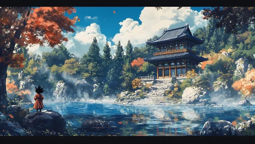 Child in orange robe overlooks lakeside temple in autumn