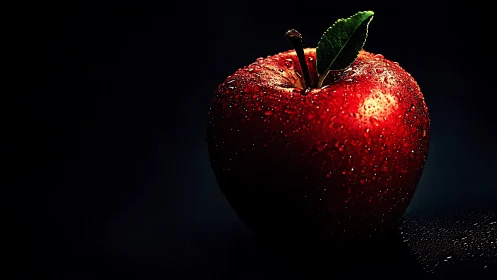 Midnight spotlight on a jewel bright dewdrop red apple.