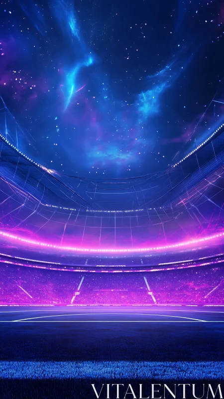 Electric night stadium glows beneath a vibrant cosmic sky
