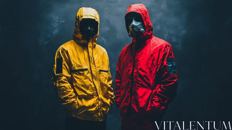 Two hooded figures in gas masks against dark backdrop.