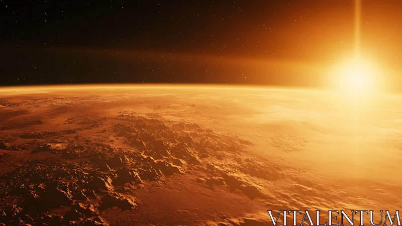 Rendered sunrise over rocky, arid planetary surface