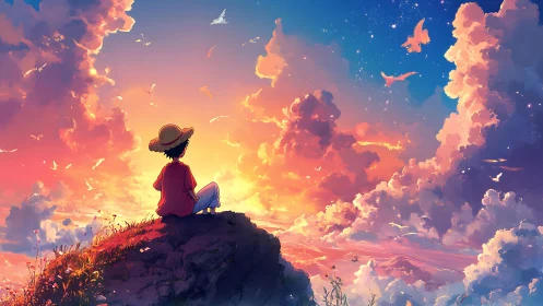 Sunset dreamer on cliff under radiant fantasy sky.