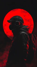 Lone hooded wanderer under a burning red eclipse night.