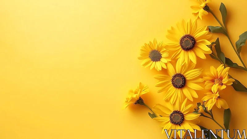 Yellow sunflowers arranged on monochromatic yellow background