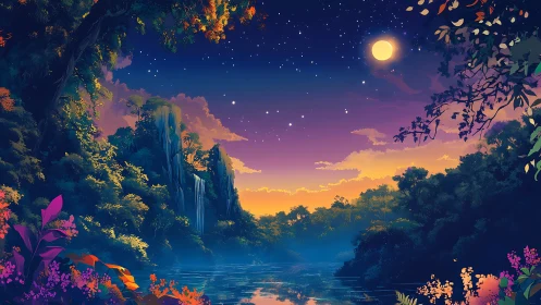 Moonlit tropical river landscape with waterfalls at dusk.