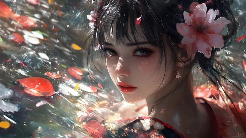 Petal-kissed portrait of ethereal girl in shimmering water.