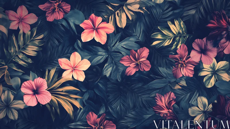 Tropical Floral Composition with Pink Blooms and Verdant Foliage. Dark Background.