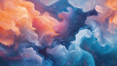 Dreamy cosmic clouds drift gently through a painted sky