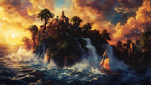 Fantasy Castle City on Cliff with Sailing Ship.