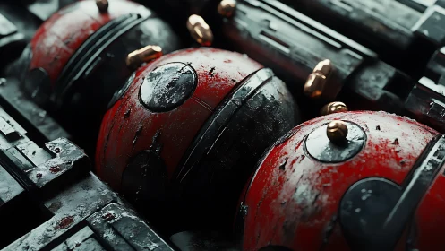 Weathered red mech spheres rest in industrial racks.