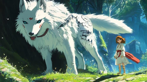 White wolf guardian and forest child in luminous anime woodland.