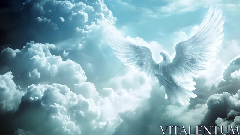 White winged dove ascending in dense sunlit clouds.