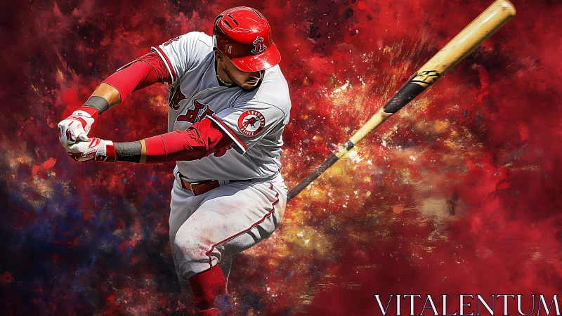 Dynamic baseball batter mid-swing with explosive red backdrop