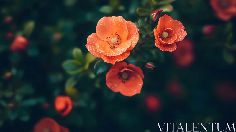 Dewy coral roses bloom with intimate garden elegance