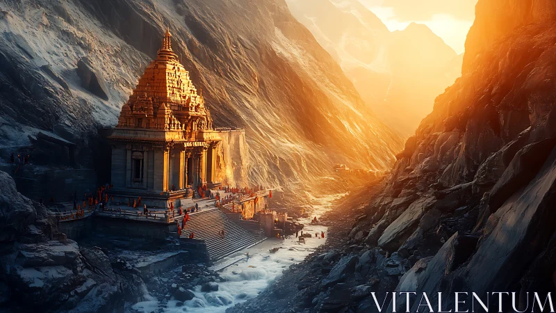 Sunlit mountain temple welcoming pilgrims at daybreak.